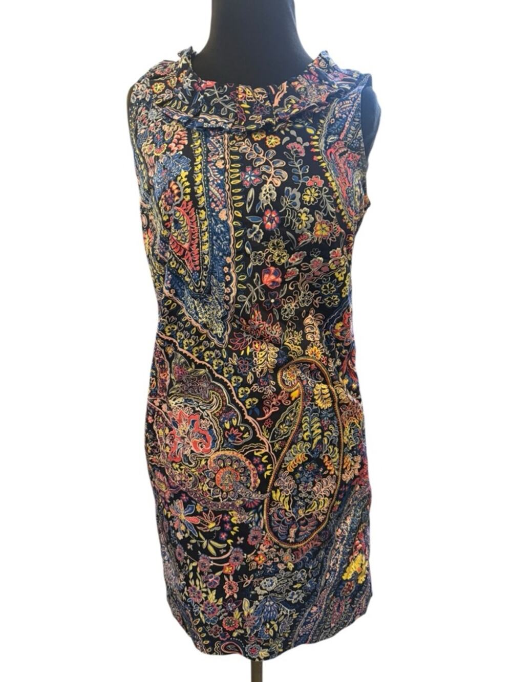 Talbots Petite Paisley Sheath Dress 8P Sleeveless Ruffle Neck Multicolor Work